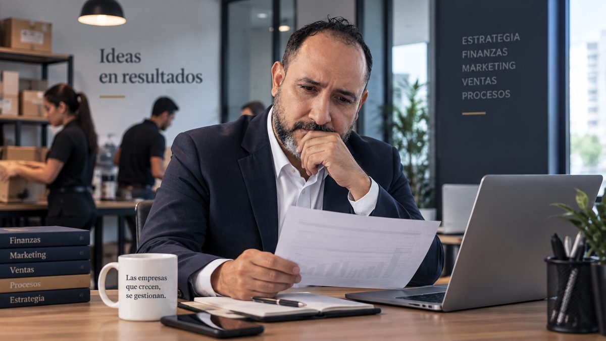 Empresario revisando los indicadores financieros y de ventas de su pyme durante un diagnóstico empresarial